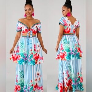 L'ATISTE Multicolor Floral and Stripe Skirt Set